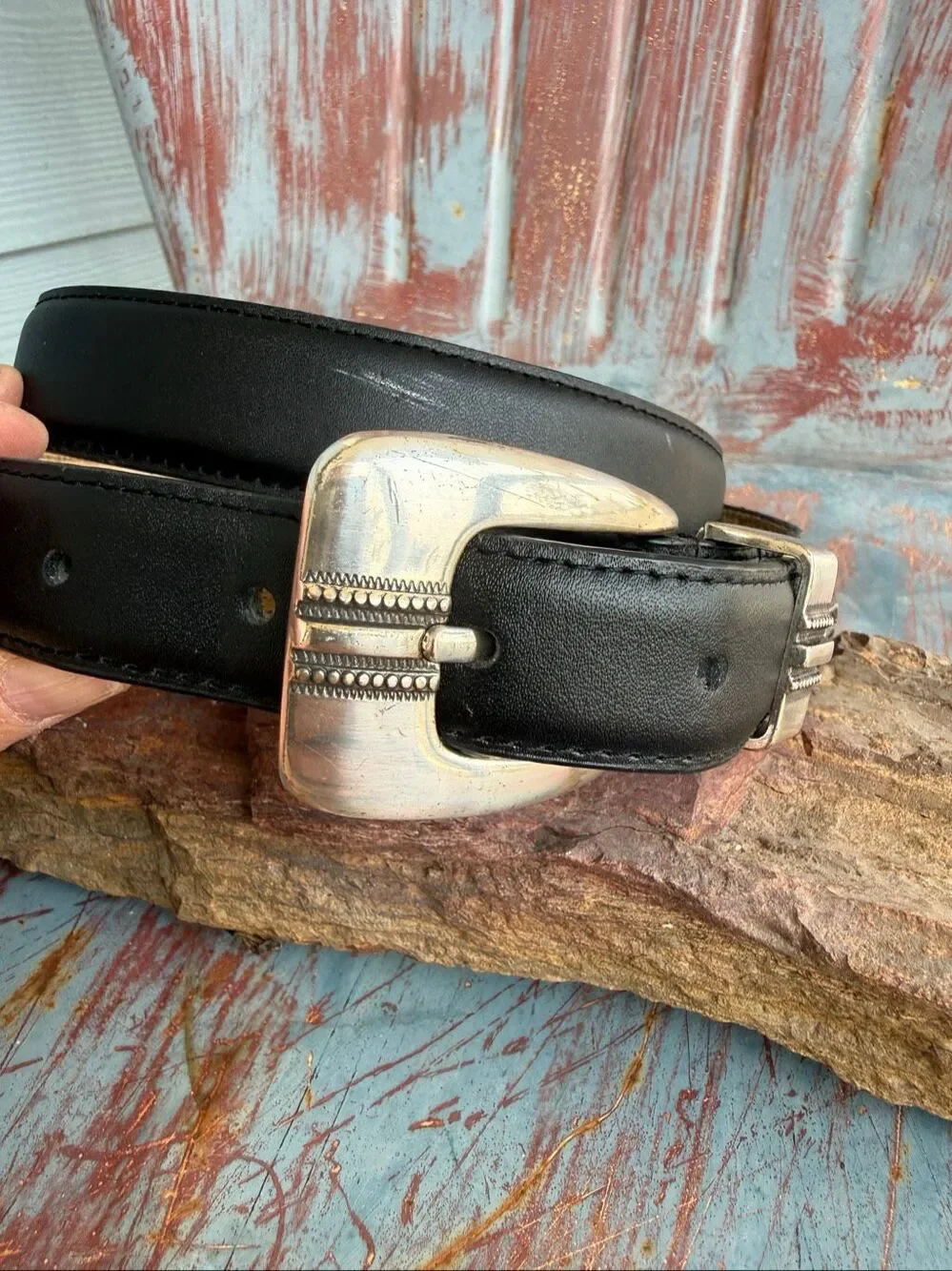 Silpada Black Leather Western Ranger Belt Silver Buckle Size 38